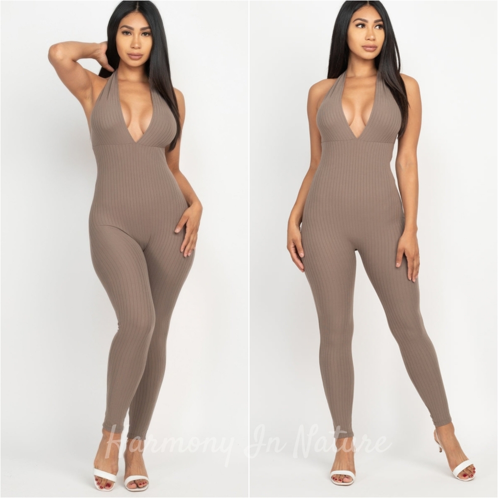 Harmony Deep Dive Bodycon Jumpsuit - Taupe